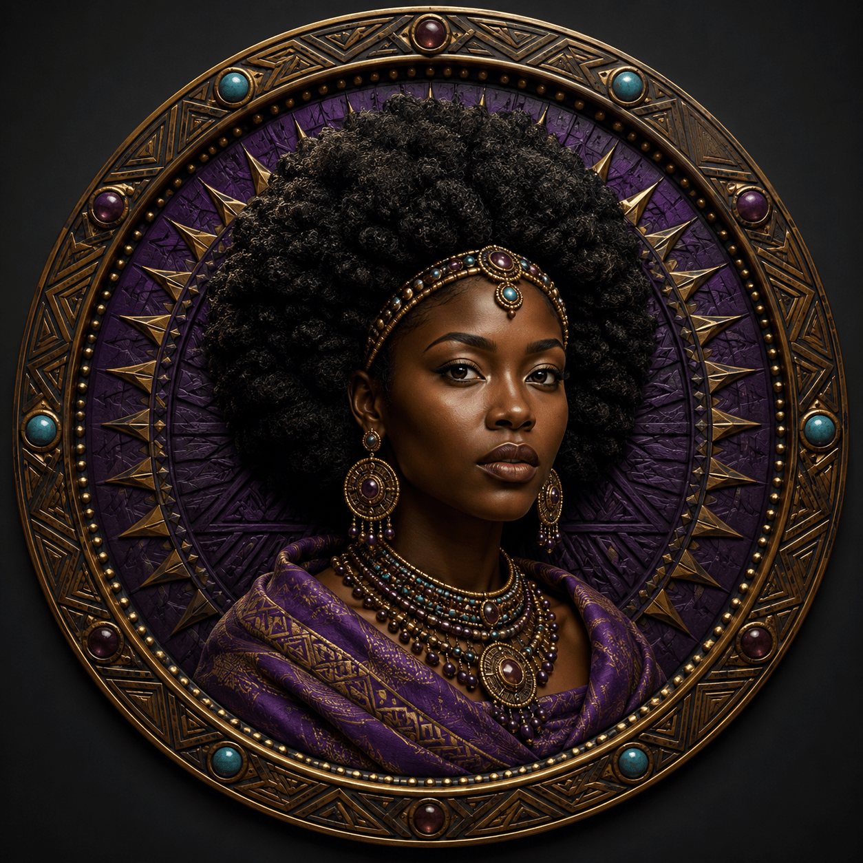 Three-dimensional Virgo medallion with African motifs