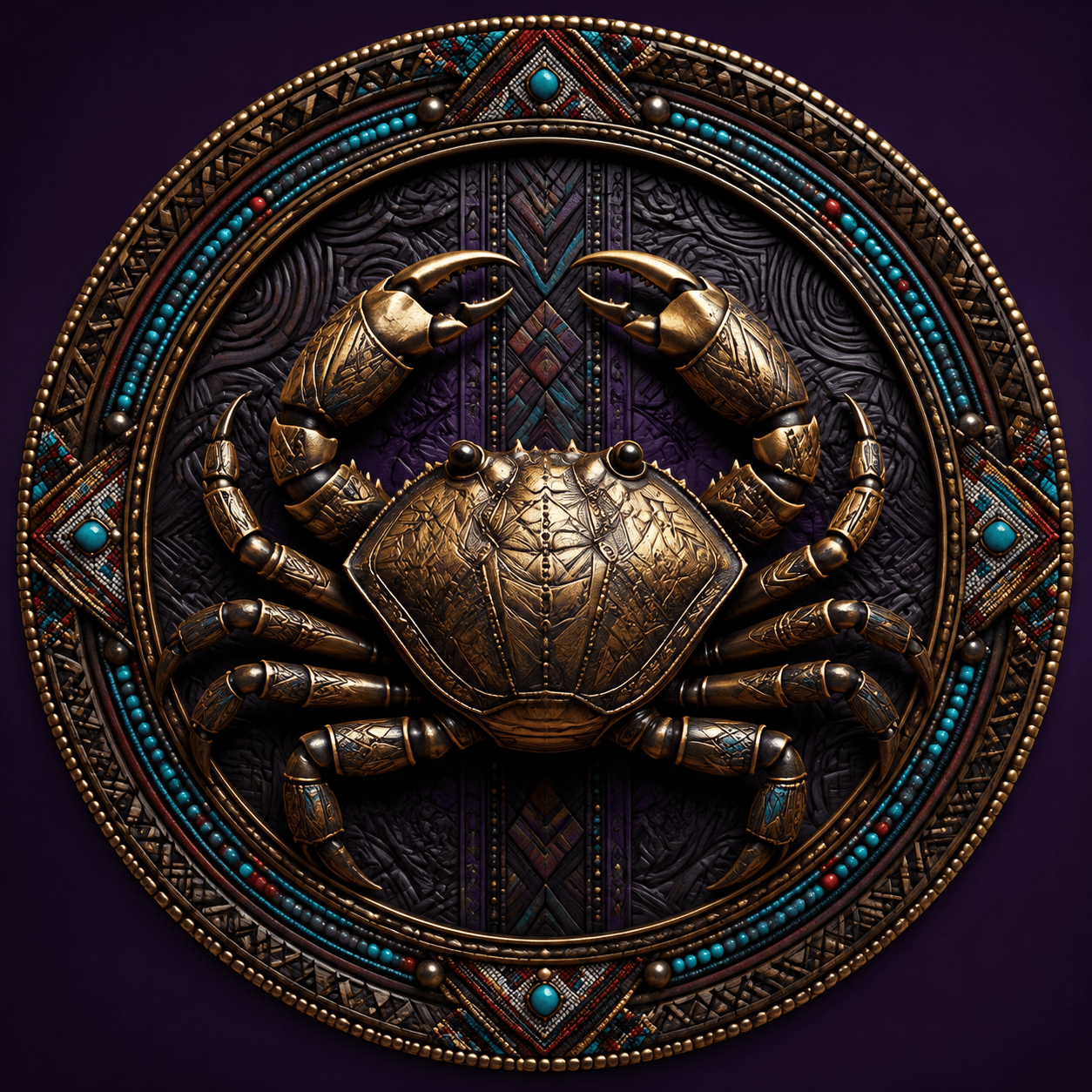Photorealistic three-dimensional Cancer crab medallion with African geometric engraving, beadwork, and NUNU colors