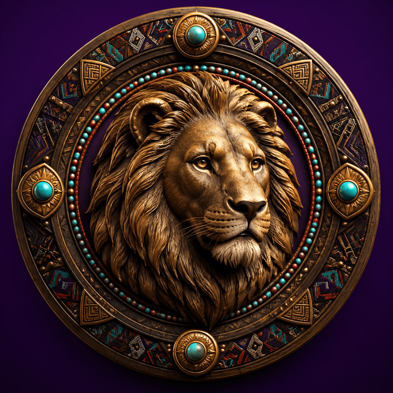 Photorealistic three-dimensional Leo lion medallion with African geometric engraving, beadwork, and NUNU colors