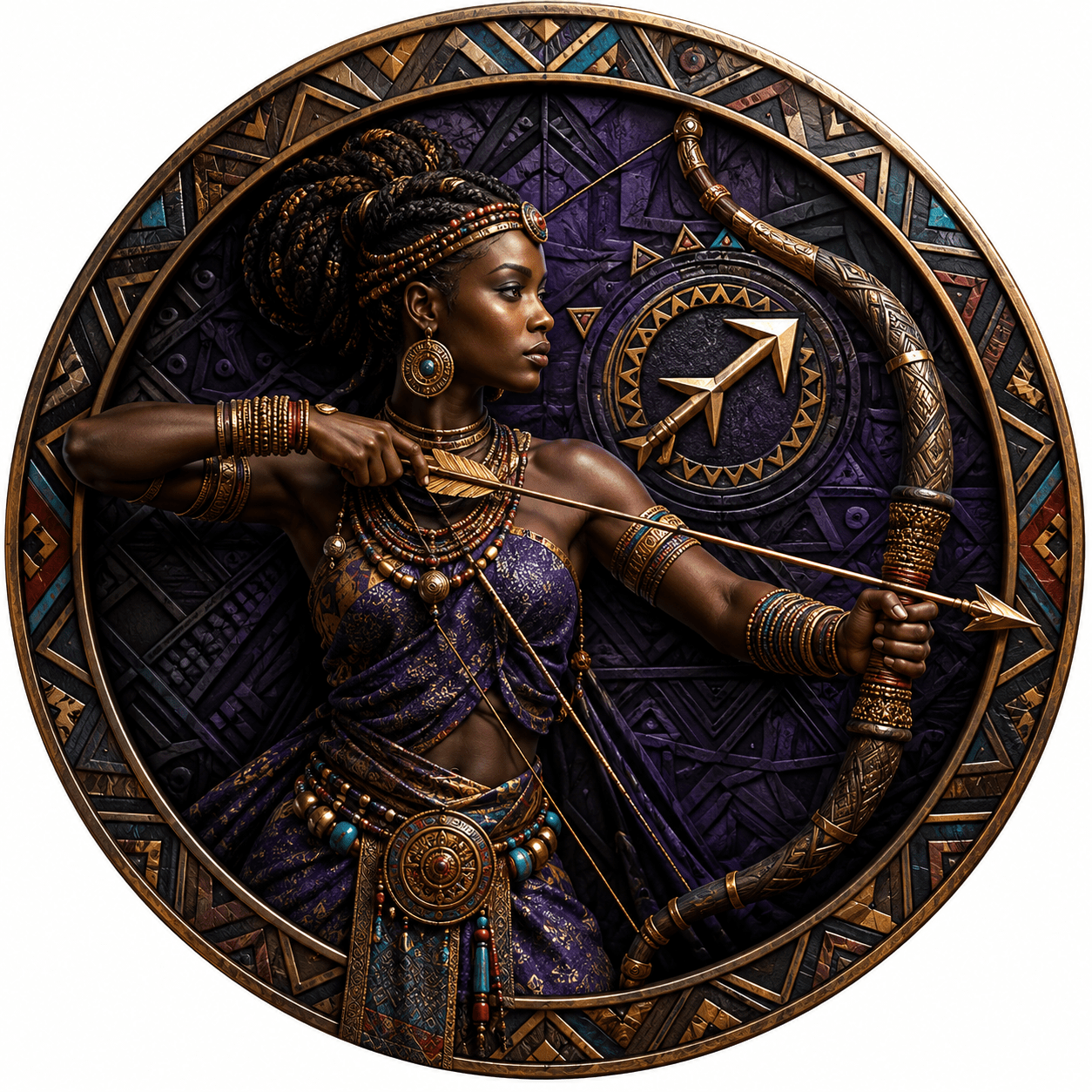 Photorealistic three-dimensional Sagittarius archer medallion with African geometric engraving and NUNU colors